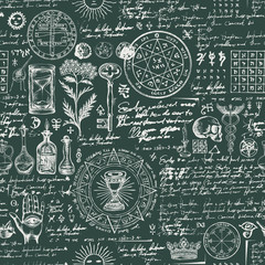 Sticker - Vector seamless background on the theme of alchemy, medicine, magic, witchcraft and mysticism with various esoteric and occult symbols. Medieval manuscript with sketches and notes in retro style