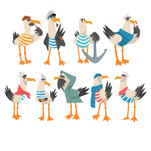 Seagulls Sailors Set, Funny Captain Birds Cartoon Characters Vector Illustration