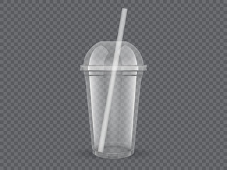 Poster - Empty transparent plastic cups with straw on dark background vector mock up