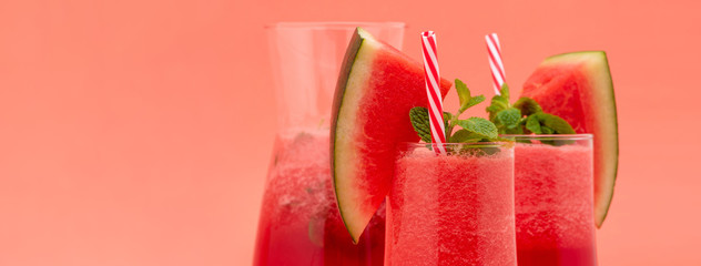 Wall Mural - Refreshing cold watermelon fruit juice smoothies drinks  on colorful banner background