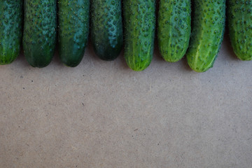 Fresh green cucumbers. Useful vegetables and food. Vegetarian food. Cucumber contains vitamins B, A. Free text space