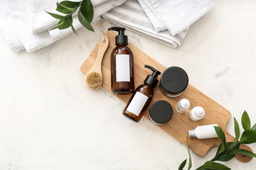 set of cosmetics for personal hygiene on table