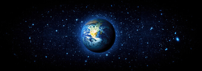 panoramic view of the earth, sun, star and galaxy. sunrise over planet earth, view from space. eleme