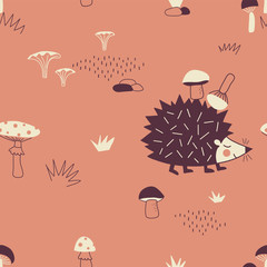 Autumn Forest seamless vector pattern. Hedgehog collecting mushrooms repeatable background. Woodland childish print in Scandinavian decorative style. Cute forest animal backdrop.