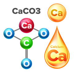 Canvas Print - Molecular Structure Calcium Carbonate Caco3 Vector. Calcium Mineral Yellow Golden Drop Vitamin Liquid Substance For Helathy Cosmetic And Beauty. Chemical Element Realistic 3d Illustration