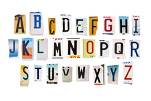 Alphabet Set Created With Broken Pieces Of Vintage Car License Plates On White Background