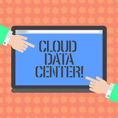 Writing note showing Cloud Data Center. Business photo showcasing off premise form computing that stores data on Internet Hu analysis Hands Pointing on a Blank Color Tablet Screen