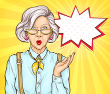 Pop Art Old Woman With Surprised Wow Face Expression, Grandmother, Senior Fashioned Lady Portrait With Modern Hairstyle And Accessories On Retro Comic Book Style Yellow Background, Vector Illustration