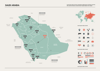 Wall Mural - vector map of saudi arabia. country map with division, cities and capital riyadh. political map, wor
