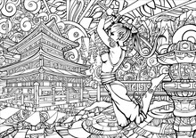 Coloring Page For Adults, Girl Samurai In The Jump.