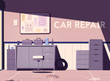 Car repair shop. Cartoon vector illustration. Garage indoor.