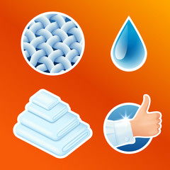 Wall Mural - Washing clothes stickers set, clean laundry, fibers, water drop, thumbs up icons isolated, vector illustration.