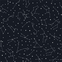 Zodiac Constellations Seamless Pattern. White Stars On The Dark Sky Seamless Wallpaper. Perfect For Banners, Posters, Prints, Fabric, Textile, Etc.