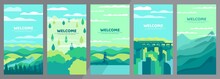 Set Of Wallpaper For Vertical Orientation. Vector Abstract Background. Minimalistic Concept. Landscapes In Eco Style With Copyspace