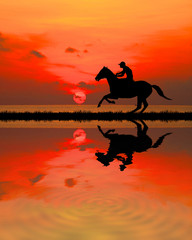 Sticker - silhouette Cowboy riding a horse on sunrise