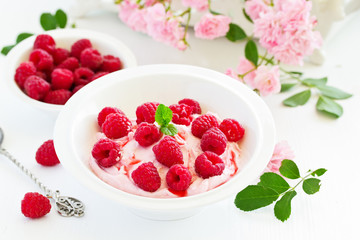 Wall Mural - Creamy curd mousse with raspberries. Healthy breakfast.