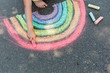child's drawing of rainbow and colorful chalks on a street