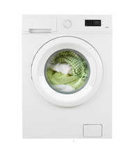 Green Clothes In Washing Machine On Isolated White Background