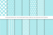 Collection Of Cute Polka Dot Seamless Vector Patterns In Turquoise Colors. Aqua Blue Dotted Textures. Geometric Design