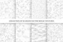 Set Of Tile Geometric Vector Seamless Patterns. White And Gray Mosaic Endless Textures.
