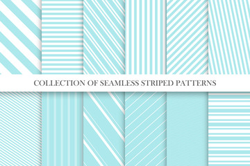 Collection of cute seamless striped patterns in turquoise colors. Delicate geometric repeatable backgrounds