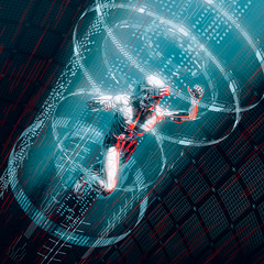 Wall Mural - Data portal entry / 3D illustration of science fiction male humanoid android travelling through glowing virtual reality code