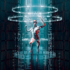 Wall Mural - data portal entry / 3d illustration of science fiction male humanoid android travelling through glow