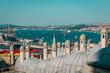 The domes of Suleymaniye Mosque, with the Bosporus Strait and Galata Tower in the distance
