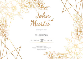Wedding Invitation with Gold Flowers and gold geometric line design. background with geometric golden frame. Cover design with an ornament of golden leaves. vector eps8