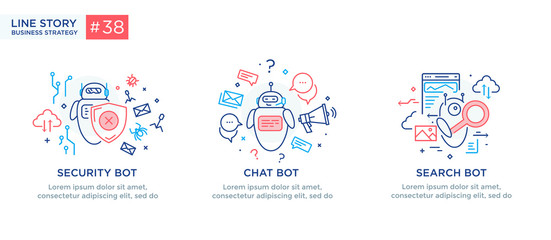 Set of illustrations concept with businessmen. technology, partnership, connection, business robot, cybes. linear illustration Icons infographics. Landing page site print poster. Line story