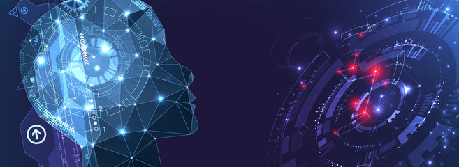 Artificial intelligence (AI) and big data concept. Machine cyber mind.  Humen face with binary data flow. Technology vector background.