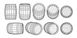 Set of wooden barrels in different positions. Front and side view,black at different angles Vector illustrations isolated on white.
