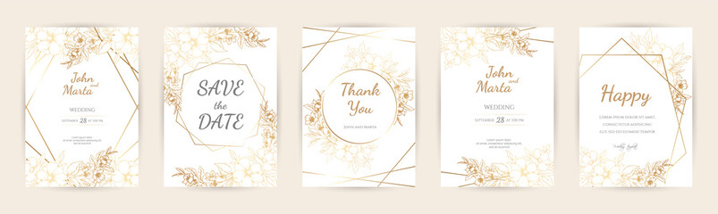 wedding invitation with gold flowers and gold geometric line design. background with geometric golde