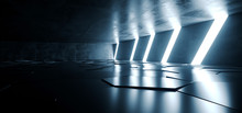 Sci Fi Futuristic Concrete Grunge Tunnel Hallway Reflective Garage Underground Garage Glowing Blue White Windows Led Lights Tiled Floor 3D Rendering