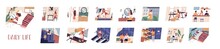 Set Of Everyday Leisure And Work Activities Performing By Young Woman. Bundle Of Daily Life Scenes. Girl Sleeping, Eating, Working, Doing Sports, Grocery Shopping. Flat Cartoon Vector Illustration.