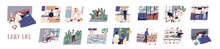 Bundle Of Daily Leisure And Work Activities Performing By Young Man. Set Of Everyday Routine Scenes. Guy Sleeping, Working, Jogging, Grocery Shopping, Relaxing. Flat Cartoon Vector Illustration.
