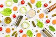 © Maria Shchipakina - Salad ingredients layout on white desk. Food pattern with cherry tomatoes, cucumbers, greens, pepper and spices