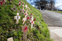 Remembrance Poppies And Crosses Placed To Commemorate The Fallen