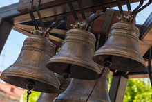 Church Bell. Several Metal Church Bells. Bell Ringing. Selective Focus