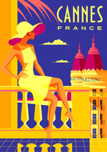 Woman On Vacation In Cannes. Vintage Poster.