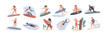 Collection Of Cute Funny People In Swimwear Surfing In Sea Or Ocean. Bundle Of Happy Surfers In Beachwear With Surfboards Isolated On White Background. Colorful Flat Cartoon Vector Illustration.