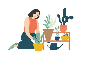 Funny happy girl taking care of houseplants growing in planters. Young cute woman cultivating potted plants at home. Female character enjoying her hobby. Flat cartoon colorful vector illustration.