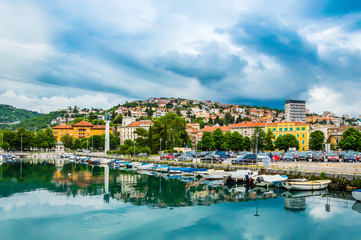 Rijeka, Croatia: Rjecina river with Liberation Monument, boats and view over the city and Trsat castle