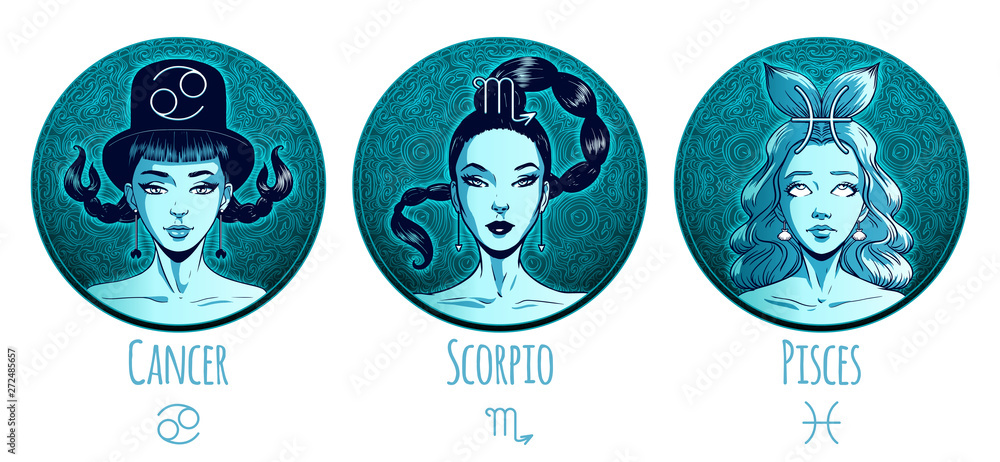 Water zodiac set, beautiful girls, Cancer, Scoprio, Pisces, horoscope symbol, star sign, vector illustration - obrazy, fototapety, plakaty 