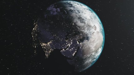 Wall Mural - spin earth moon orbit milky way satellite view. universe zoom sun beam glow interstellar nebula deep