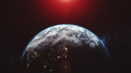 Wall Mural - earth orbit planet skyline flare sun beam glow. cosmic bright sunlight radiance satellite view zoom 