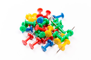 set of colorful push pins isolated on white background.