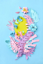 Handcraft Paper Flowers, Leaf, Egg On A Blue Background With Cop