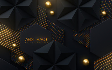 Wall Mural - abstract geometric background. vector 3d illustration. hex and pyramid black shapes. polygonal tiles