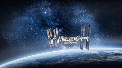 Poster - International space station. ISS station on orbit of the Earth planet. Elements of this image furnished by NASA